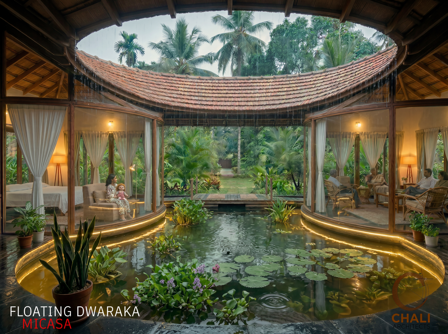 Interior living space opening to the water court
