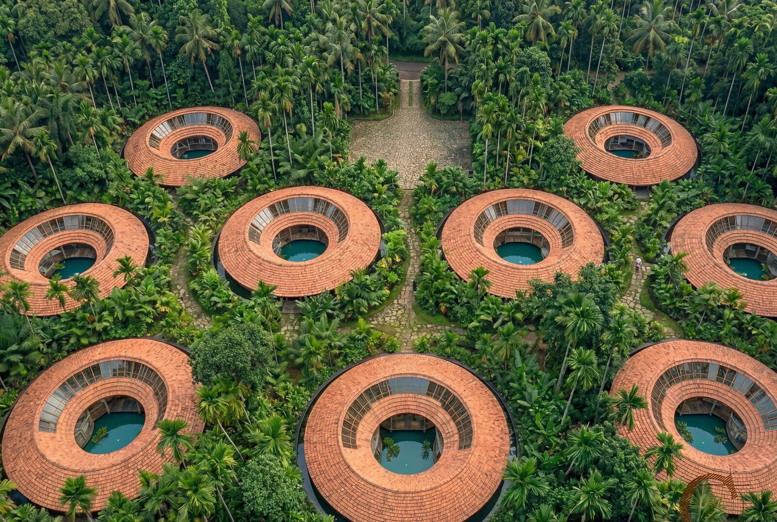 Rammed-earth pavilions emerging between the trees