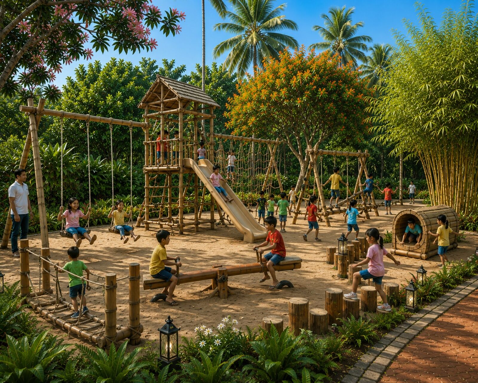 Bamboo playground with swings, slides and rope bridges