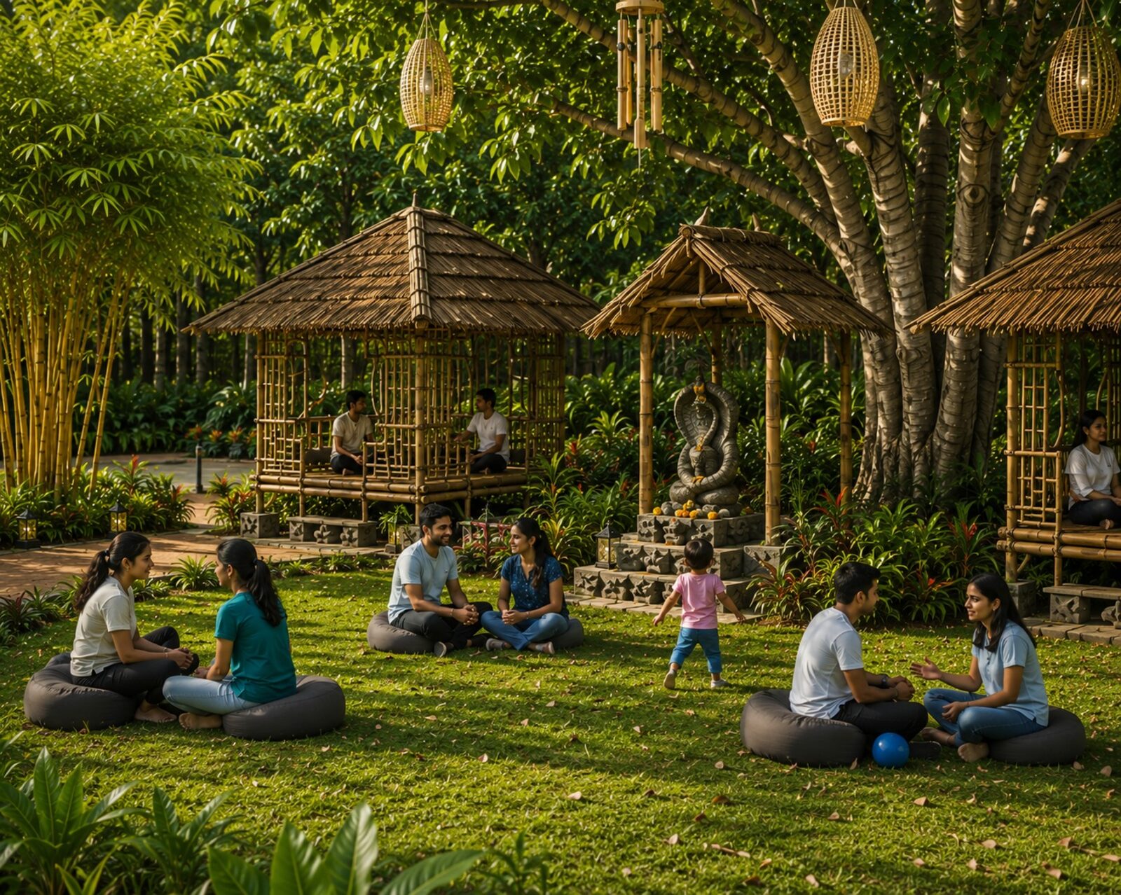 Open lawns with bamboo gazebos and gatherings