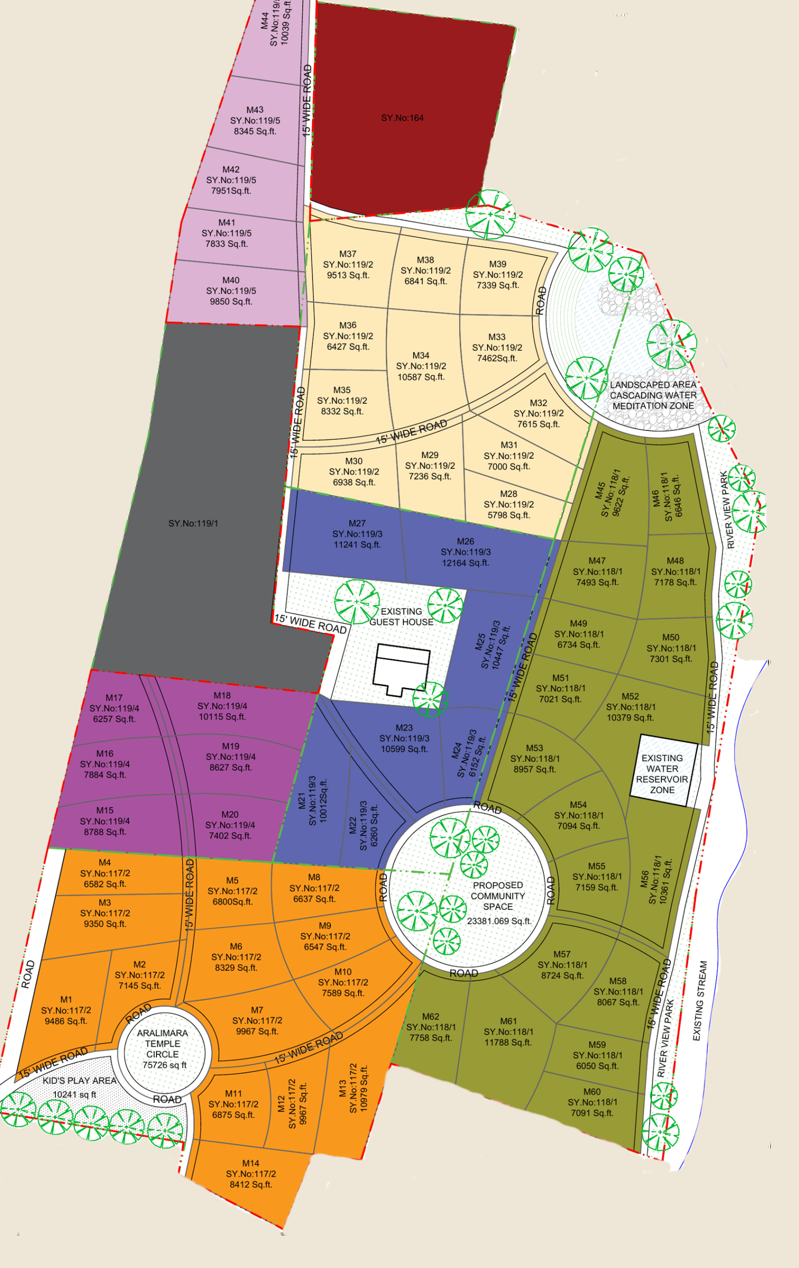 Mi Casa master plan — 62 plots across six survey parcels