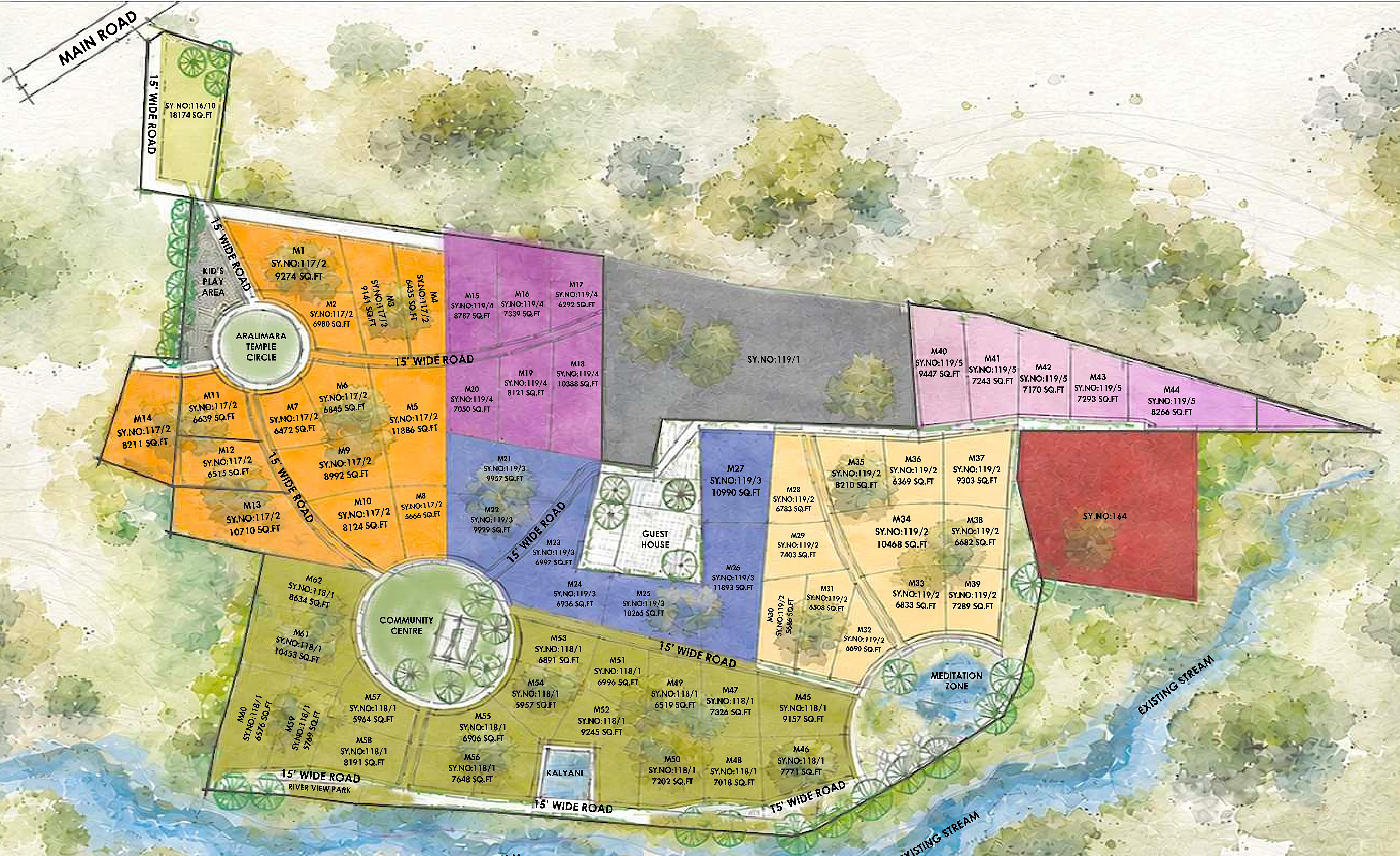 Mi Casa master plan — 62 plots across six survey parcels