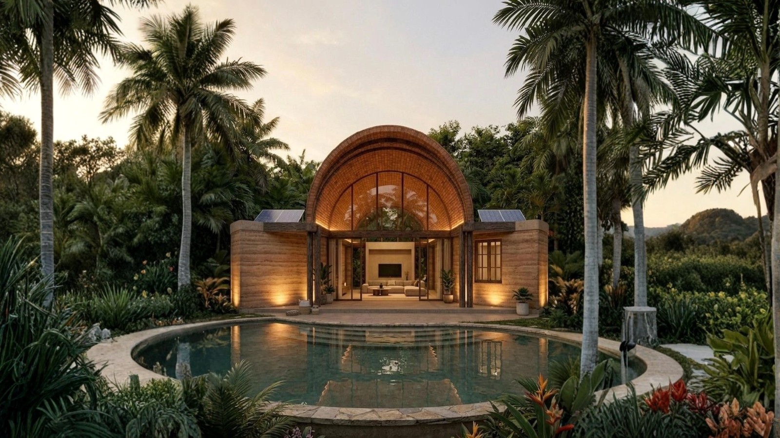 The Vault House — an exposed-brick vault glowing at dusk beside a private pool